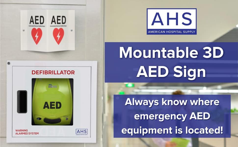 AHS American болница Снабдување AED знак | 6 x 6 in, Wallид за монтирање Медицински знак со двостран дизајн, завртки за монтирање,