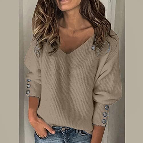 Muduh женски џемпери пуловер V-вратот тројни ракави на градите пакетчиња лабава мода мрзлив стил дома подложен џемпер
