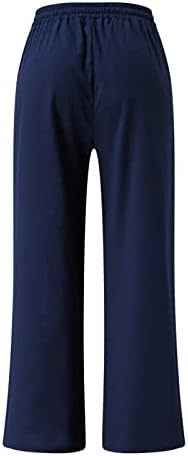 Летните панталони за жени Дсодан, памучни постелнина облечени широки палецо палецови панталони со трендовски панталони со џеб