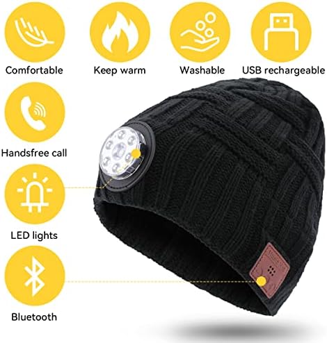 V5.0 Bluetooth LED Beanie Hat, Global Music Plit Chats со нелизгачки ракавици, 3 режими 4 LED фарови, предности на Belable USB, зимска