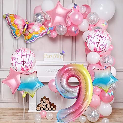 8 парчиња градиентски балони со розова пеперутка, балон со балон со пеперутка за пеперутка за 9 -ти роденденски украси самовила розова