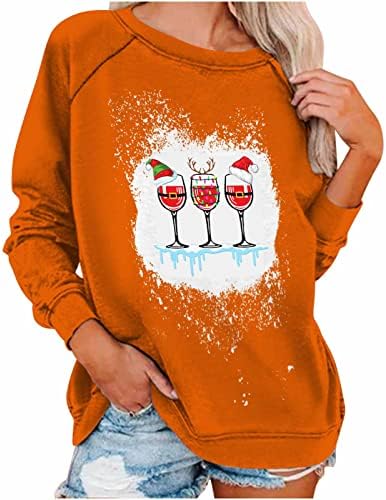 Божиќна маичка за жени трендовски мода изветвена топ блуза вино чаша отпечаток лабава вклопена долга ракав маичка пулвер