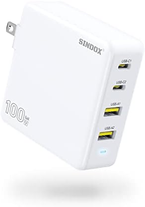 100W GAN III USB-C Wallиден полнач-Sindox 100 Watt 4-Port PD Брзо полнење, преносен преносен адаптер за напојување за MacBook Pro/Air, Laptop,