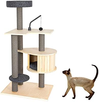 Дутуи целото цврсто дрво направи кула за мачки мачки, рај на голема активност на мачки, со сисална колона со мачки и голема перка на