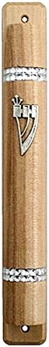 Judaica Mezuzah Case Beige Wood Decorative Shin Sparkly Semi Round 12 cm