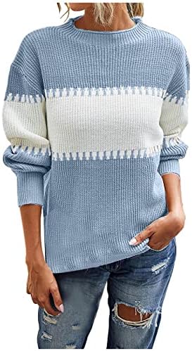 Женски џемпери паѓаат обични долги ракави плетени џемпери трендовски блок во боја преголем пулвер џемпер врвот трикотажа