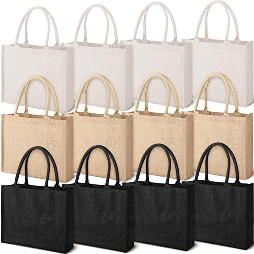 Торбички торби 12 пакувања големи бурлап јута црно бело платно подарок фаворизира торба со рачки празни количини за жени