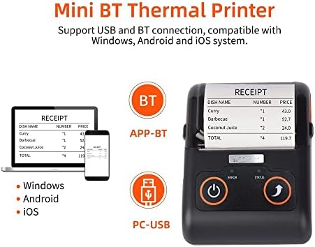 XXXDXDP Преносен печатач за прием 58mm Термички печатач Мобилен POS печатач USB BT конекција компатибилен со Windows Android iOS