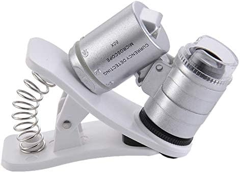Rongon Clip-On Type Loupe 60X зумирање микроскопи накит Зголемувач Универзален микро леќа накит Зголемување стакло со LED/UV светла за мобилен