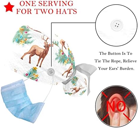 2 парчиња медицинска сестра за чистење капачиња со долга коса, Божиќна шема со прилагодливо работно капаче со елени со копче и џемпери