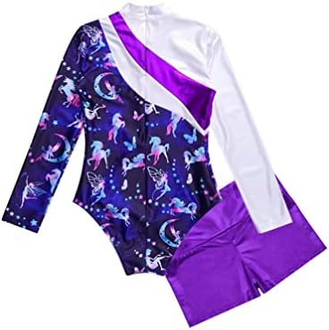 Tiaobug Kids 2pieces Inmindistic Dancewear Romper Outfit Long Sleeve Leotard and Shorts поставени за девојчиња