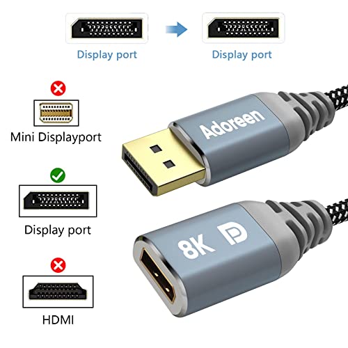 Adoreen 8k DisplayPort Extension Cable 20 стапки, плетенка со ДП до ДП прошири 1,4 маж од маж до женска порта за прикажување на екстендер