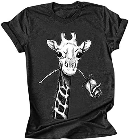 Женски плус големина жирафа печатена маица екипаж со кратки ракави кошули смешни графички обични блузи 2023 летни врвови