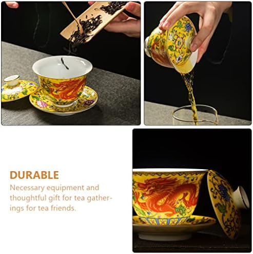 Yarnow Кинески порцелански порцелан, 1Set од Гаиван Турен, капа за чај со чаши за усни чај со капак, жолт змеј