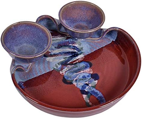 Larrabee Ceramics Double Bowl Chip и Dip Platter, рачно изработена американска грнчарија, Mauve/Cobalt