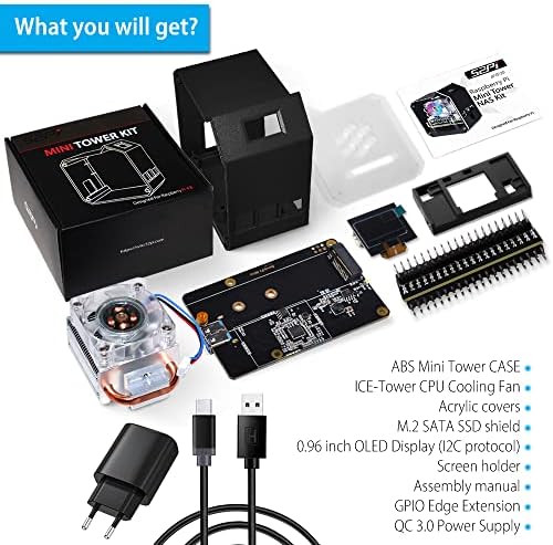 GeeekPi Raspberry Pi Mini Tower NAS Kit, Raspberry Pi ICE Tower Cooler with PWM RGB Fan, M.2 SATA SSD Expansion Board, GPIO 1 to