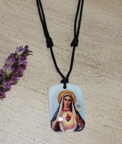 Favoronline Шарено религиозно срце на Мери икона Скапуларен приврзок-врат со кабел за прилагодлив стаорци