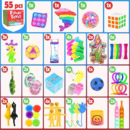 Fidget играчки Поставете 55 пакет, сензорни ја олеснуваат стресот и вознемиреноста Играчка играчка за деца тинејџери и возрасни АДХД Додадете аутизам,