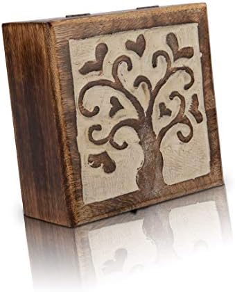 Одличен Роденденски Подарок Рачно Изработена Декоративна Дрвена Кутија За Накит со Резба На Дрво на Животот &засилувач; Заклучување &засилувач;