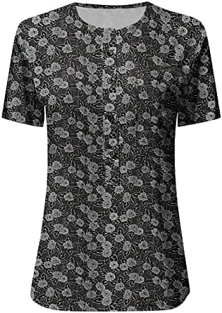 Летни обични маици печатени со кратки ракави за кратки ракави на вратот, лабави врвови на тунични врвови