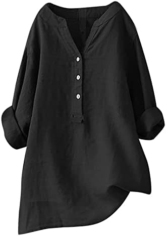 Кошули за жени трендовски, женски карирани кошули памучни постелнина горната кошула половина ракав копче надолу кошула, обични