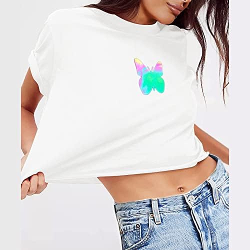 Женски маички со долги ракави, жени модна рефлексивна печатена пеперутка печати кратки ракави маички култури од маици маици