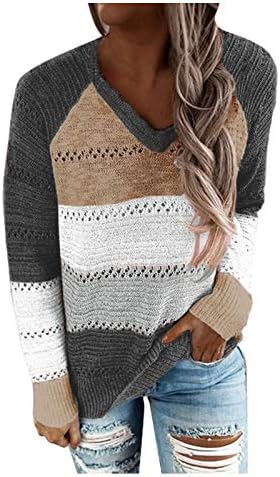 Muduh џемпери за жени исечени V-вратот лабава боја Контраст на модата за зашивање шупливо случајно пуловер