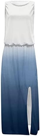 Maxi фустан за жени случајна вратоврска боја за печатење долги летни фустани 2023 боемски пресек на екипажот на плажа со џеб