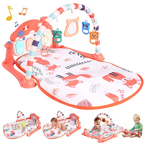 Пијано Игра Салата Музика Стомакот Време Поместена Мат со 5 Сензорни Играчки, Бебе Игра Салата За Новороденче Месеци Фокс Бебе Игра Мат