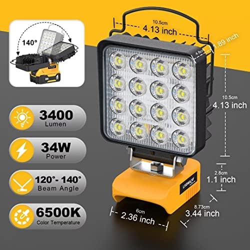Livowalny LED безжичен LED работно светло за батеријата DeWalt 20V, 34W 3400LM светла за поплави за итни случаи, кампување, отворено