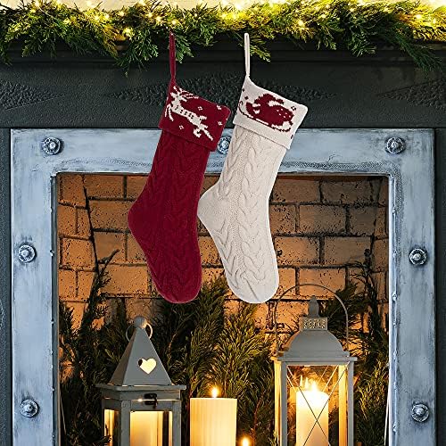 ТОМАЈ Божиќни Чорапи Комплет Од 2 Големи Димензии 17 инчи Кабел Плетени Божиќни Чорапи За Божиќен Декор Семејство, Бургундија И Бела Слонова