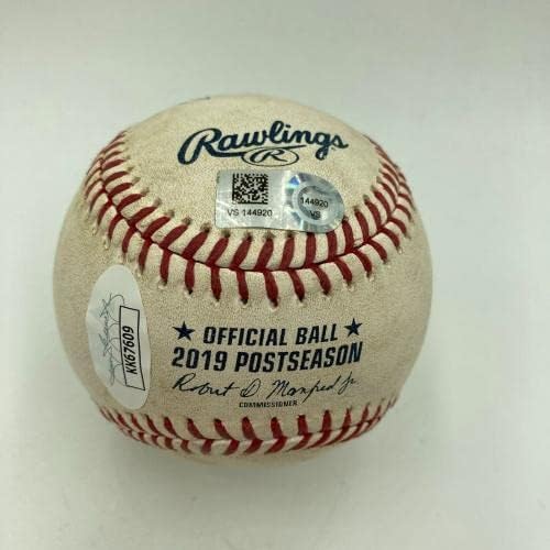 Ronald Acuna потпиша 2019 NLDS ATLEST HIT Game Користена бејзбол двојна JSA & MLB COA - MLB автограмирана игра користена бејзбол