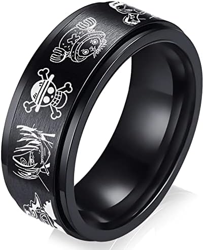 Едно парче прстен Аниме прстени за мажи момчиња црн не'рѓосувачки челик прстен прстен од слама капа члена членови на екипаж на екипаж на екипаж за вознемиреност од