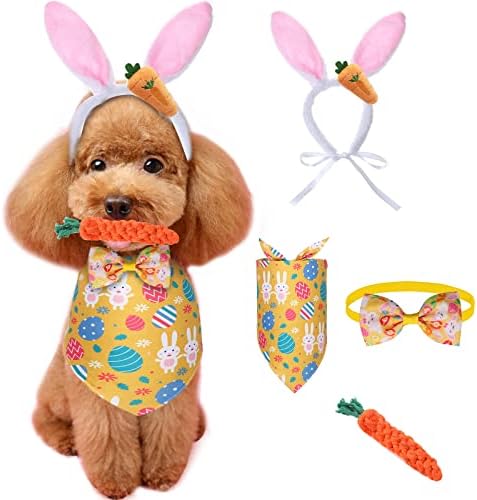 4 парчиња куче Велигденски костум Симпатична зајаче уши, лента за глава, велигденски јајца, бандани триаголник Бибс, прилагодлив лак, вратоврска,