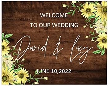 Свадба добредојде знак Вуд Бургун Сончоглед невеста и младоженец, свадбени украси за свадби Персонализирани имиња на невеста и младоженец