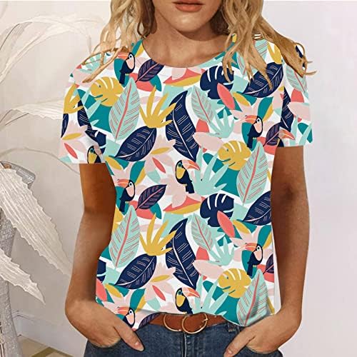 QCEMENI кошули со краток ракав за жени врвови на вратот Трендовски графички симпатична маица за печатење лето основни обични лабави