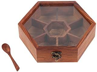 Создавање Индија занает дрвена хексагонална зачинска кутија Масала Дани Намак Дани Даба контејнери тегли поставени за кујна со