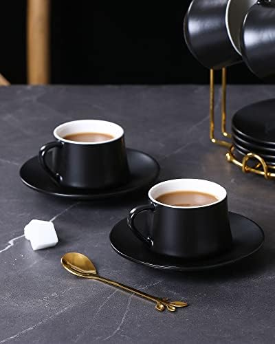 Лареина Еспресо Чаши Со Чинии, Лажици и Метални Штанд &засилувач; Керамички Чаши За Кафе Поставени-Порцелански Чаши За Кафе Сет од 4