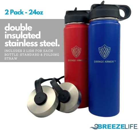 Breeze Life 2 Pack - Не'рѓосувачки челик изолирано шише со вода со слама и стандарден капак. 24 мл метално спортско шише со широко отворање