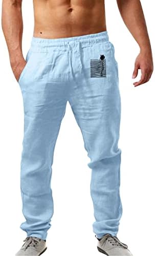 Менс постелнини панталони големи и високи, летни лабави вклопувани панталони Печати еластична половината со целосна должина панталони со