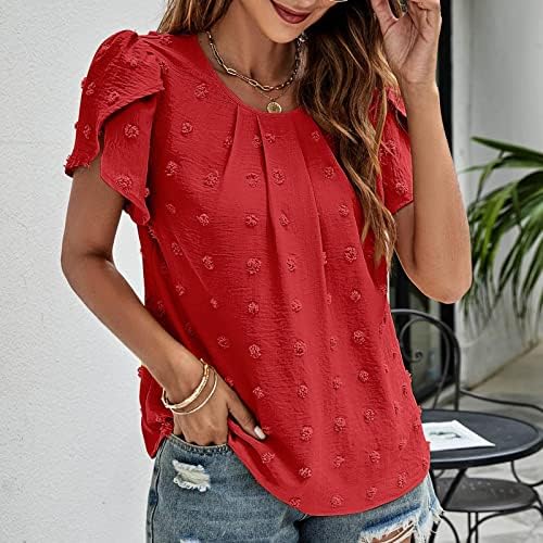 2023 Нова кошула за женска модна цврста боја џакард маица врвови дами со кратки ракави со кратки ракави за торбички Туника блуза