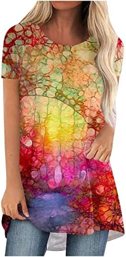 Врвови за жени 2023 година, женски симпатични цветни принтрики со кратки ракави Туника маици, случајни лажички вратот, облечена