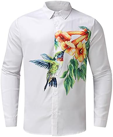 XXBR памучни ленени кошули за мажи, падот на копчето надолу со долги ракави, птици од пеперутка, печати обични врвови на плажа на Хавајска
