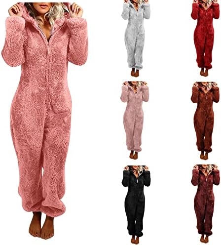 Ausyst Rompers за жени со долги ракави со аспиратор, симпатична пижами, цврста боја, случајна зимска топла облека за спиење, дуксери дома