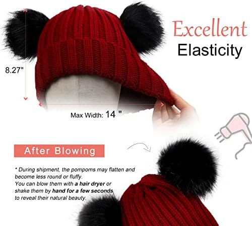 Женски зимски двојни пом пом -бени капи од одвојување крзно топка слатка капа топла мека кабел плетена капа со уши за жени