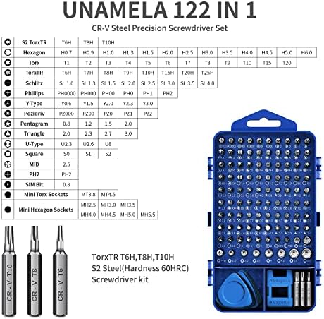 Комплет за шрафцигер за прецизност на Unamela, 122 во 1 комплет за поправка на лаптоп со 101 бита, магнетски компјутерски шрафцигер сет компатибилен