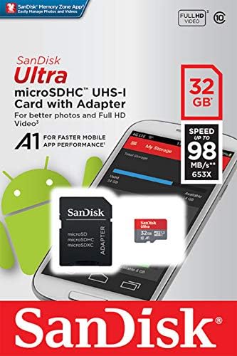 SanDisk 32GB Ultra MicroSDHC UHS-I Мемориска Картичка Со Адаптер-98MB/s, C10, U1, Full HD, A1, Микро SD Картичка-SDSQUAR-032G-GN6MA