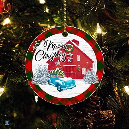 Орнамент на Мериксмас за дрво2022 снежни снежни снегулки, Божиќно дрво Камион Бафало карирани двострани керамички кружни празници, Божиќно