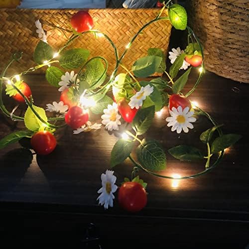 Сезргиу вештачка јагода цветна лоза со 20 LED жица светла венец батерија управувана со свадбениот роденден декор