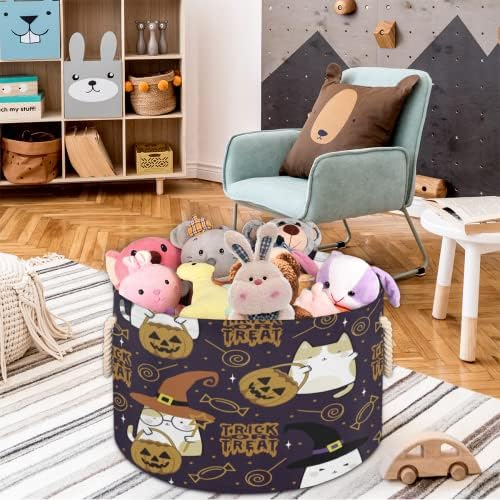 Kawaii симпатичен стил на мачка за Ноќта на вештерките големи тркалезни корпи за складирање корпи за перење со рачки ќебе корпа за складирање